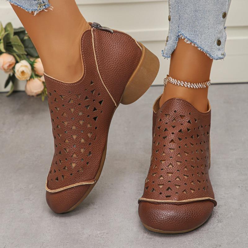 Fashion 2025Summer New Hollow Sandals for Jurgen Leather Retro Style Soft Women's Shoes Thick Heel Breathable Mid-high Heel Single Shoes