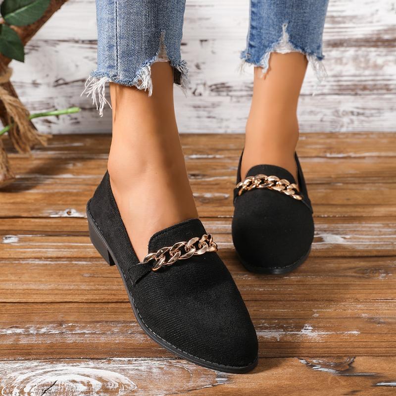 Fashion Women's Coarse Heel Shoes Autumn New Pointed Head Shallow Mouth Metal Chain Anti-slip Wear-resistant Low-top Shoes