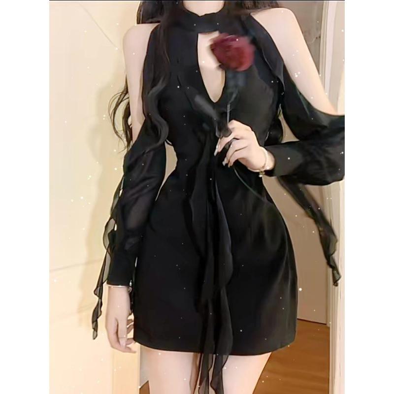 Schwarze Kleider Frauen Sexy Aushöhlen Weibliche Casual Temperament Frühling Off Schulter Koreanischen Stil Solide Hotsweet Reich Mode