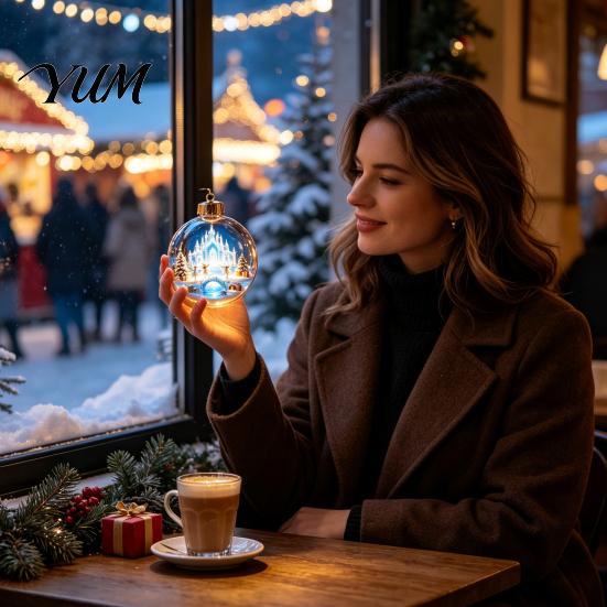 Transparent Christmas Tree Decor 3D Acrylic Faux Crystal Ball Ornament, Lighted Reindeer Sleigh Luminous Ornaments Snow Scene Hanging for Tree,