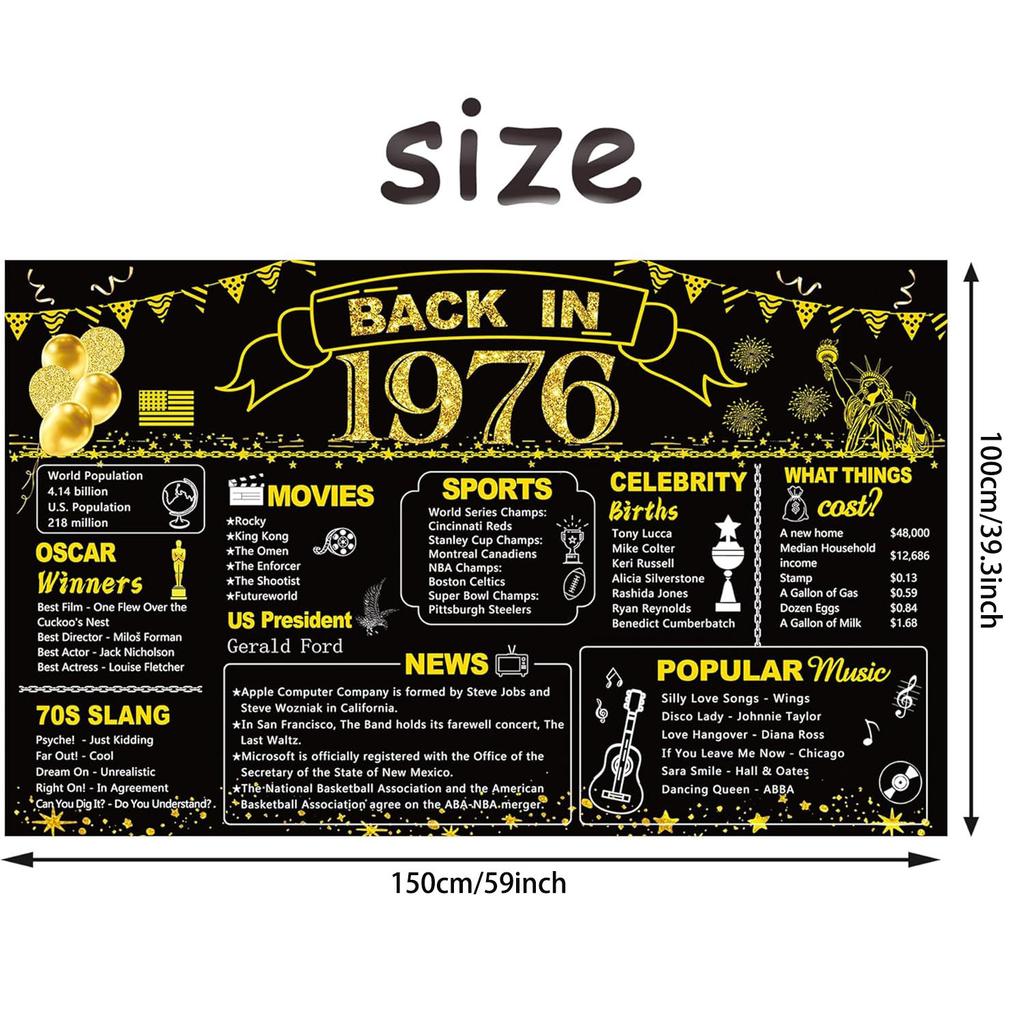 BEPAN 50th Birthday Black Gold Party Decoration, Back In 1976 Banner 50 Year Old Birthday Party Poster Supplies Vintage 1976 Backdrop