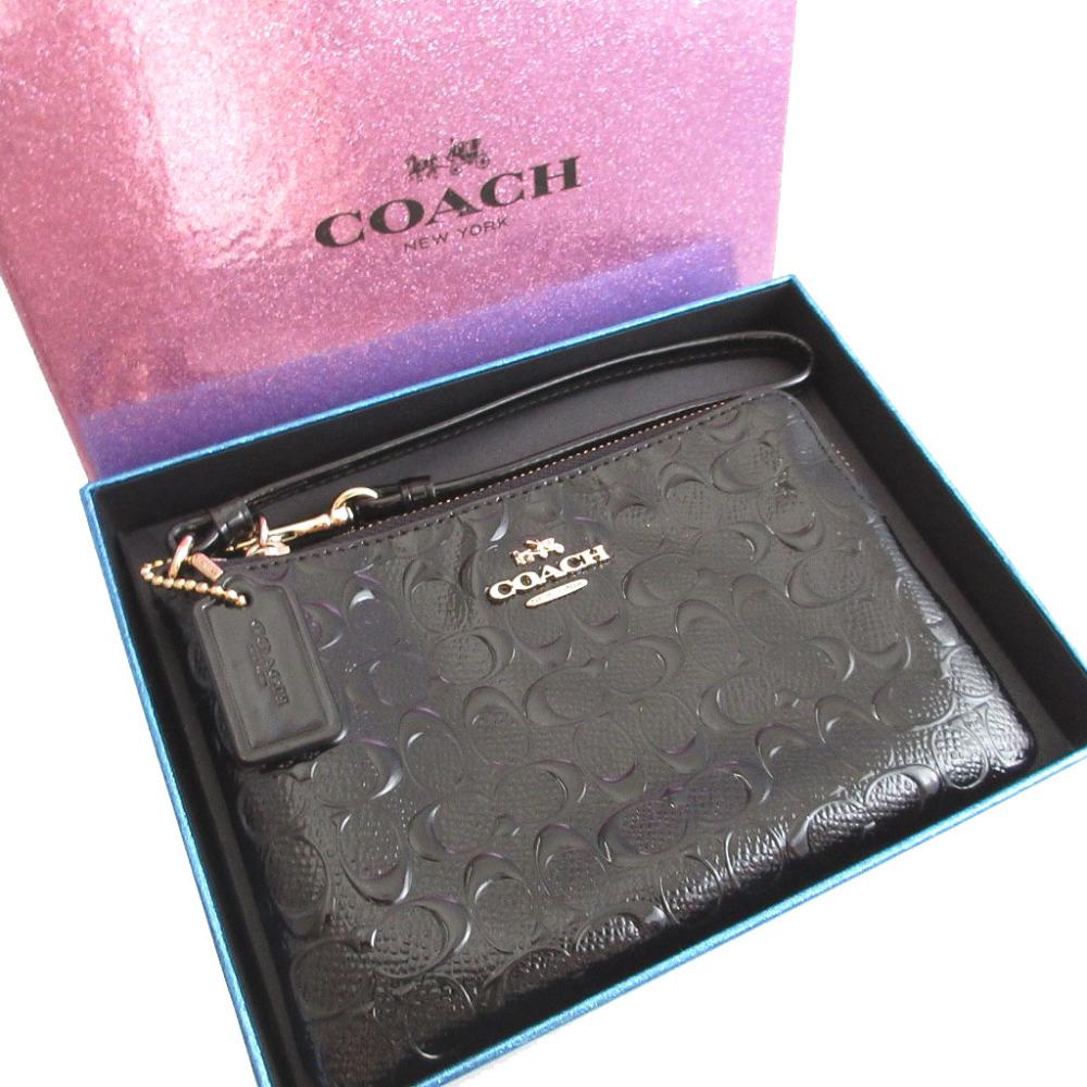 Used AUTHENTIC COACH Mini Pouch WristletPouch Black Patent Leather