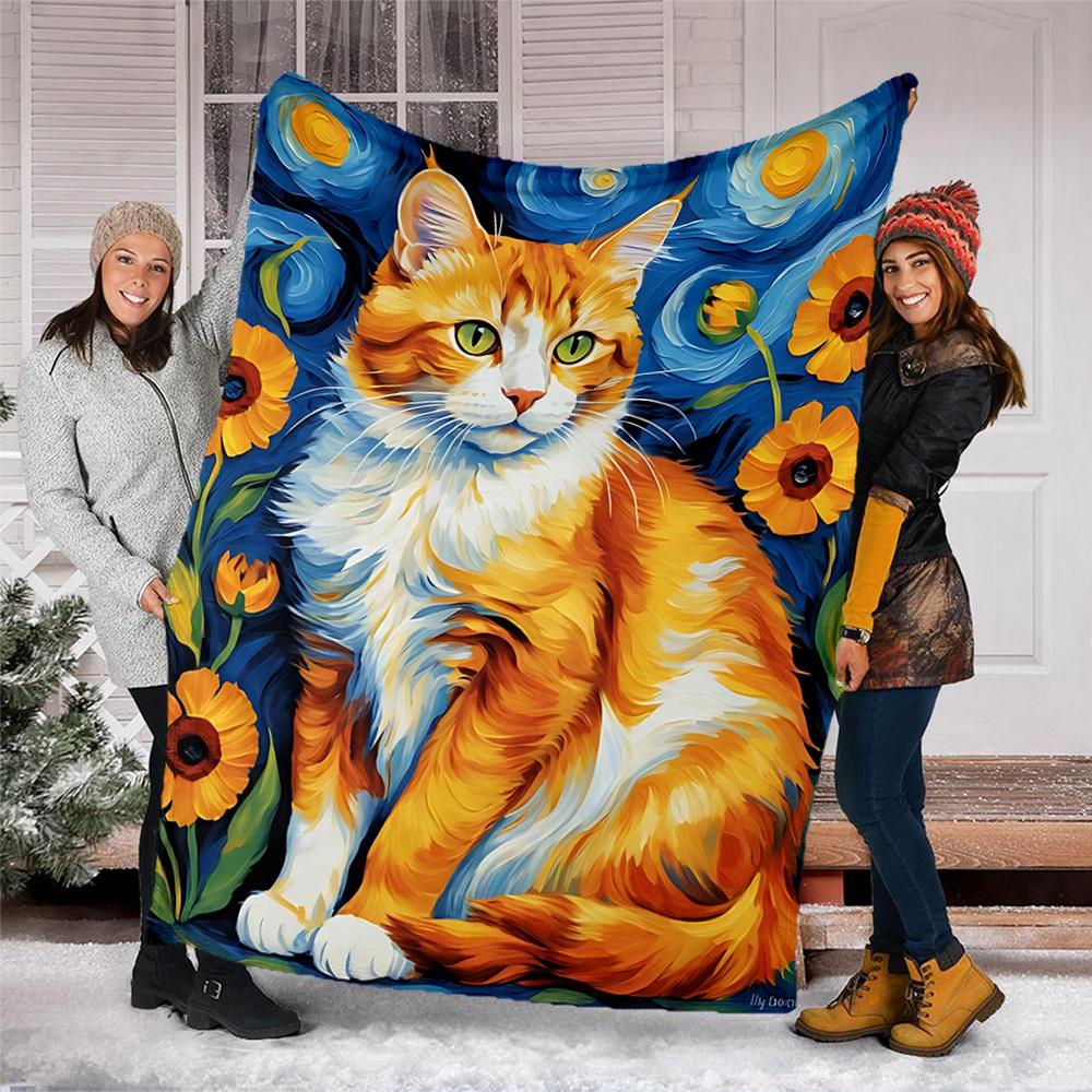 1pc Ginger Cat Art Print Print Outdoor Blanket, Lightweight Polyester,