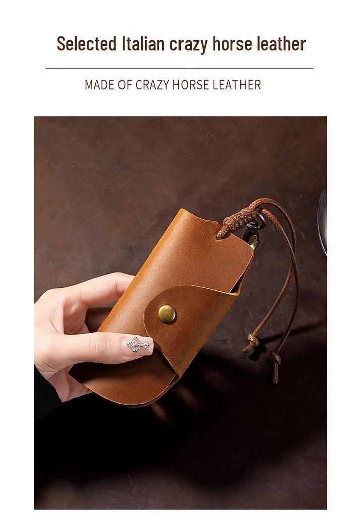 Unisex Crazy Horse Leather Car Key Holder - Retro Cowhide Key Storage Case