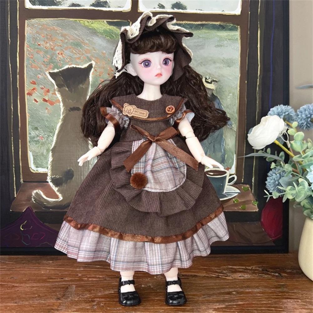 Vintage Brown Corduroy Plaid Skirt 6 Points BJD Doll Cottagecore Style Clothes Set 30cm Dolls Outfit Change Dress Up Accessories