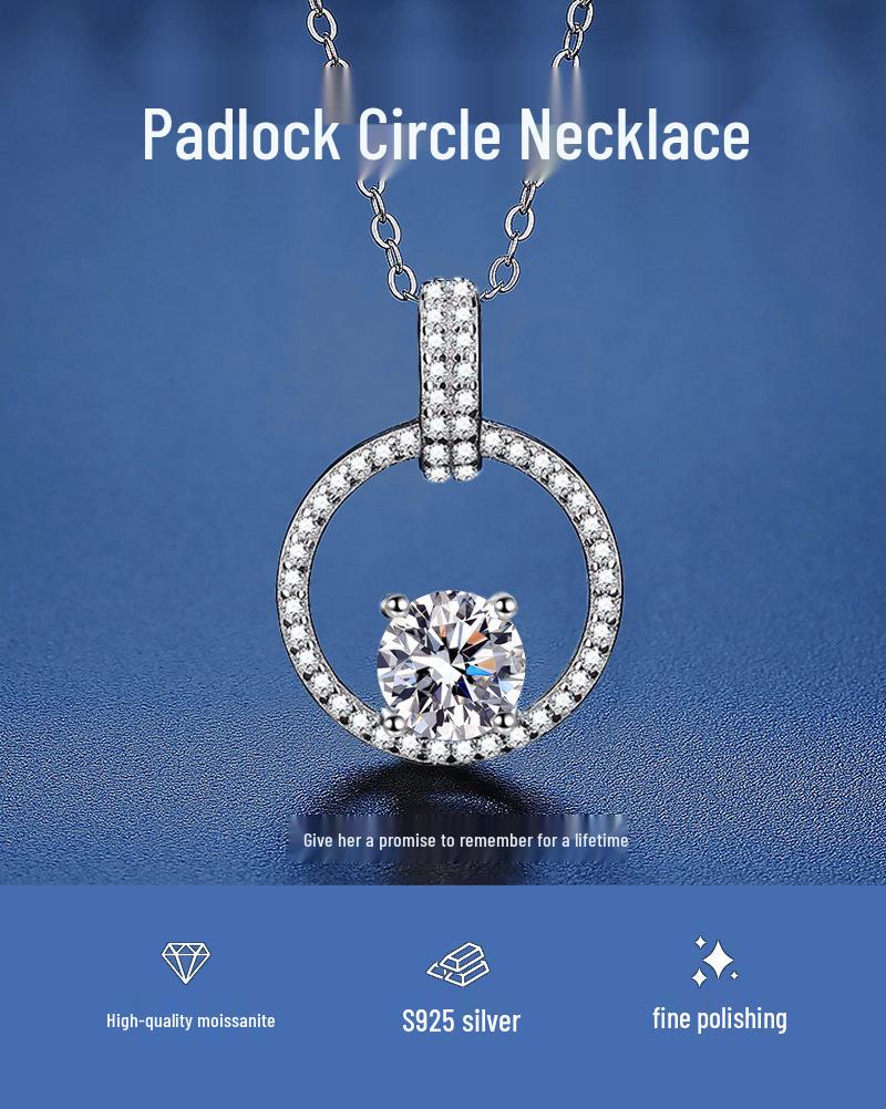 S925 Sterling Silver Moissanite Padlock & Ring Pendant Necklace - Light Luxury Clavicle Chain Choker