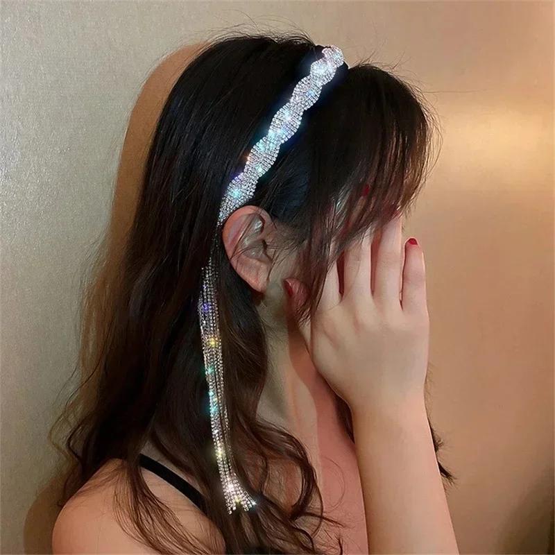 Women Summer Fashion Long Tassel Asymmetry Rhinestone Headband Black Velvet Hair Accessories Jewelry Girl Headwear Creative Gift
