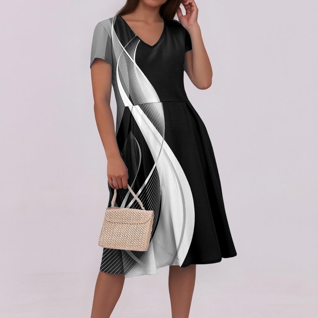 Women's Summer Casual Print V-Neck Short Sleeve Dress With Pockets