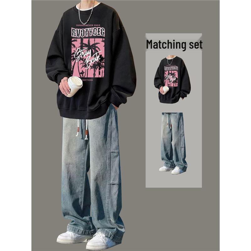 Boys' Trendy Loose Round Neck Sweatshirt & Jeans Set - Cool Casual Two-Piece Outfit for Spring & Autumn