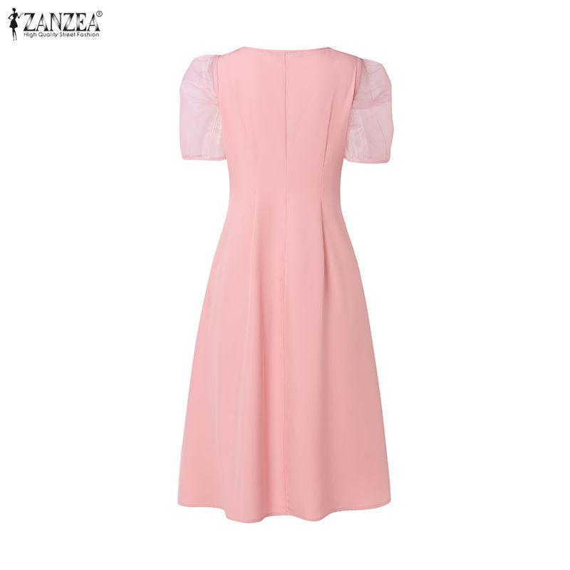 ZANZEA Women Casual Square Collar Splice Short Sleeve Elegant Dress