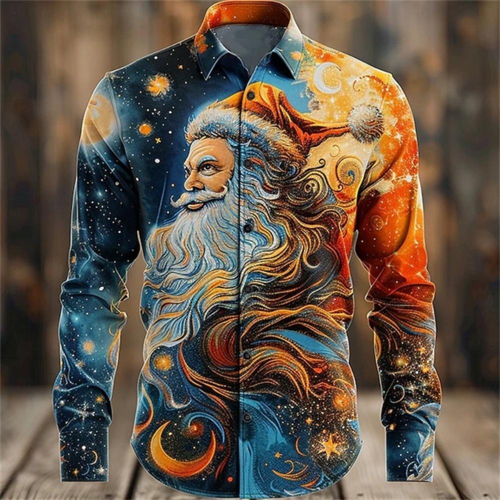 Christmas Santa Claus Printed Long Sleeve Shirts For Men New In Turn Down Collar Button Up Dress Shirts Mens Casual Blouse