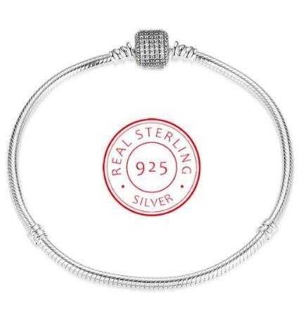 925 Silver Moments Signature Clasp Crystal Snake Chain Bracelet Bangle Fit Bead Charm Jewelry