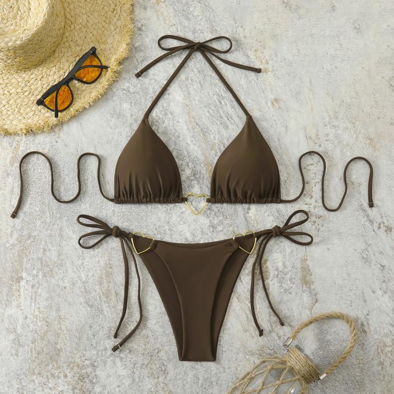 26 Bikini Triangle Cup Sexy Split Swimsuit Pure Color L коричневый
