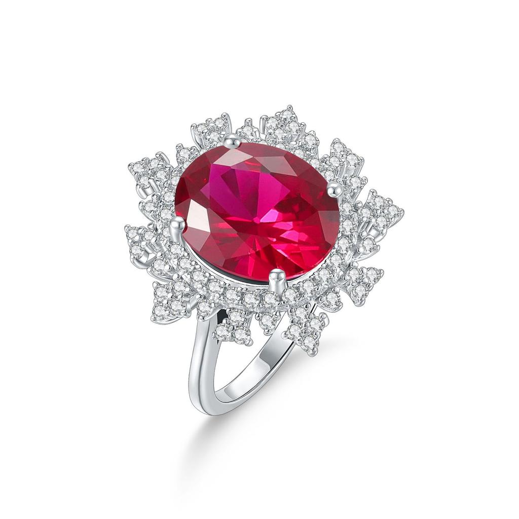 Classic 6.7 Carat Colored Treasure Ring Grand Main Stone S925 Sterling Silver Set Cultured Ruby Ring White