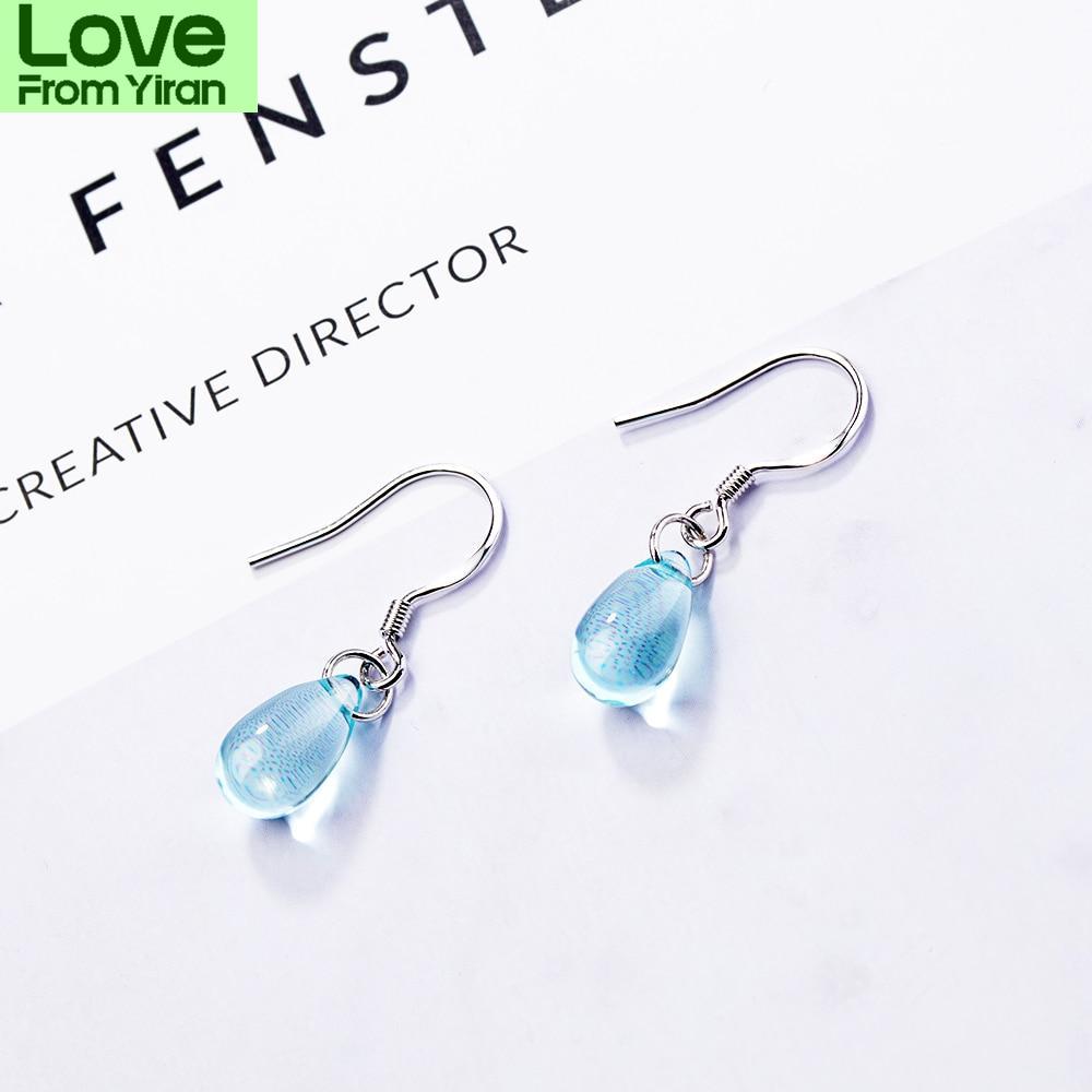 Literární náušnice s modrým křišťálem ve tvaru kapky vody pro ženy, náušnice ze sterlingového stříbra 925, Boucle D 'Oreille S -E666