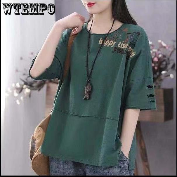 WTEMPO Women's Pure Cotton Round Neck Short Sleeve Large Size Spring and Summer Trend Loose Top Student T-shirt