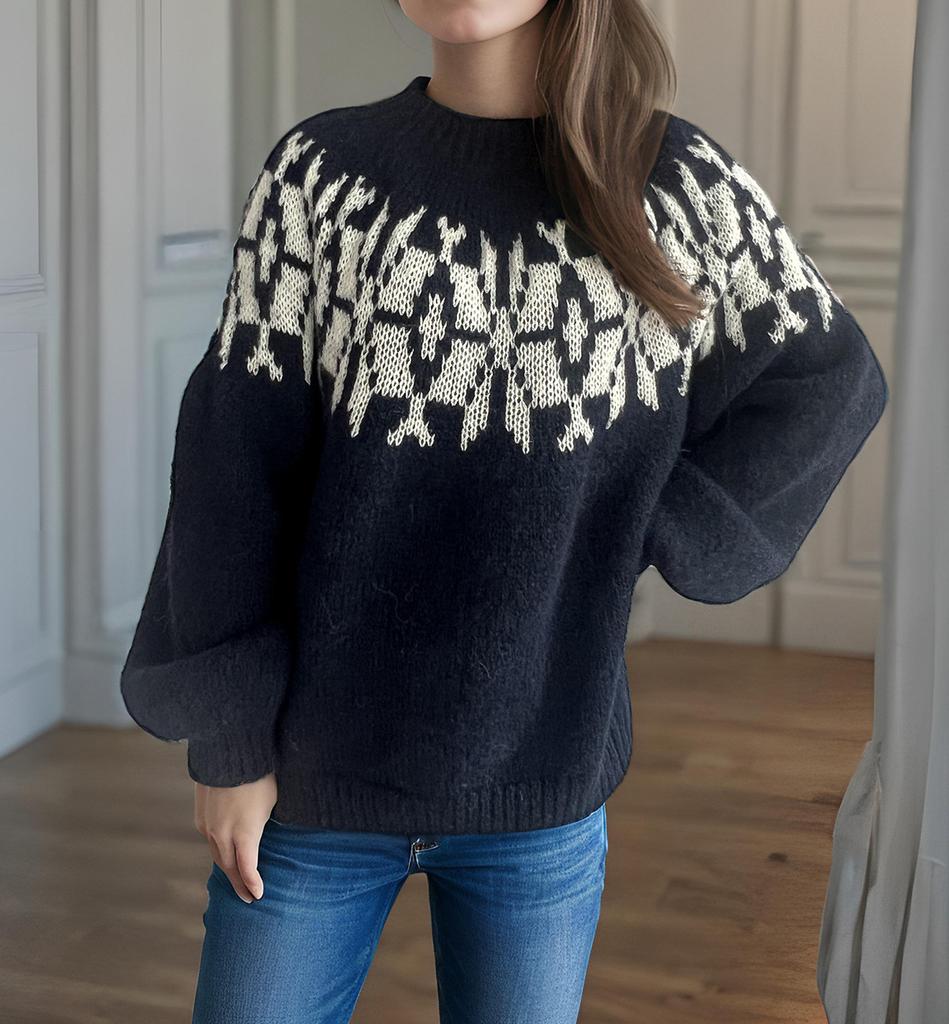 New retro jacquard sweater for women's wish hot selling round neck color blocked loose pullover knitted sweater for women 3532 EMA