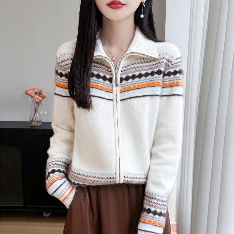2026 Winter Pure Wool Thickened Lapel Knit Cardigan, Long Sleeve Double Zipper Fair Isle Jacquard Top