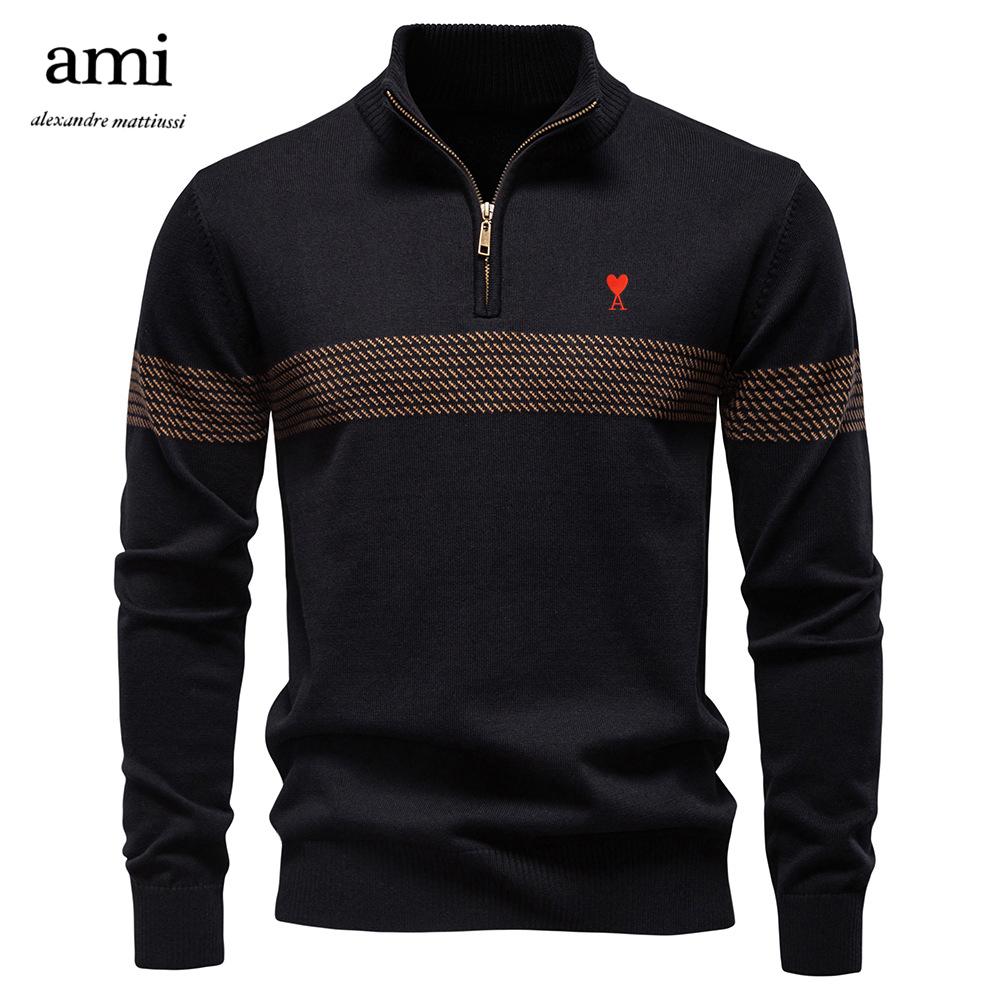 AMI 2025 Herbst und Winter Stickerei Neues Geschäft Stehkragen Herren Reiner Baumwollpullover, Hochwertiges Lässiges Halb-Reißverschluss Herren-Oberteil