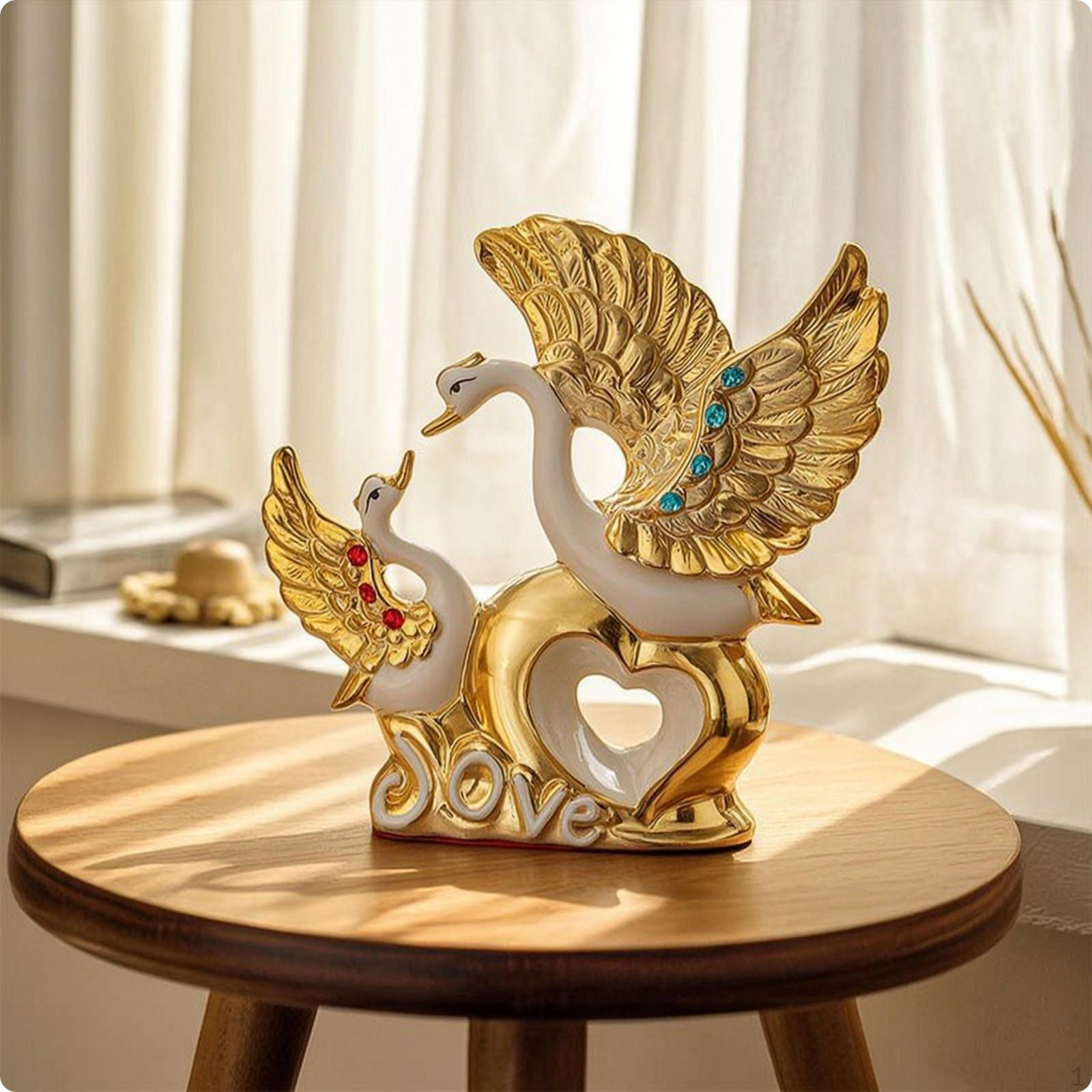 Pair of Swans Statue with Golden Heart and Ceramic in White Swan Figurine Glossy for