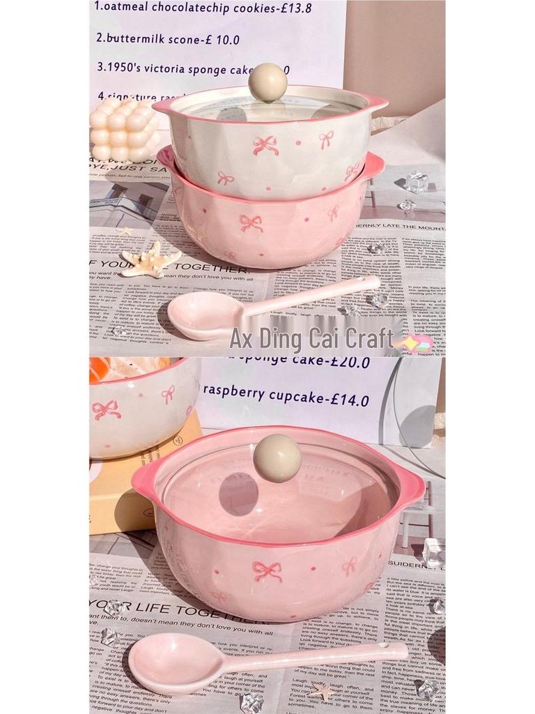 High-Value Ceramic Noodle Bowl with Lid: Super Fairy, Bowknot Design, High-Temperature Resistant, Perfect for Instant Noodles and Rice.
