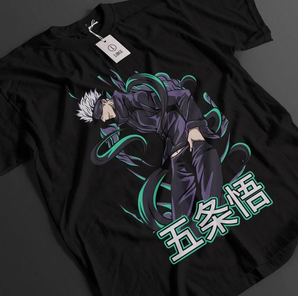 Anime Jujutsu Kaisen Gojo Satoru Green Standing Graphic Black Tshirt Size S4xl