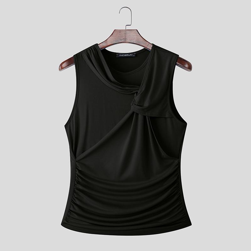 

INCERUN Мужские топы-майки без рукавов с круглым вырезом, с перекрученным элементом и оборками, повседневные, приталенные S чёрный