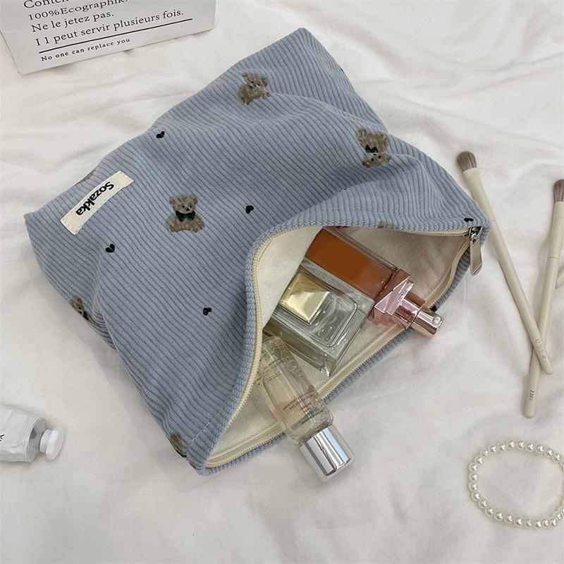 Portable Cartoon Bear Makeup Bag Corduroy Large Capacity Cosmetic Bag Pen Bags For Women Lady Girl