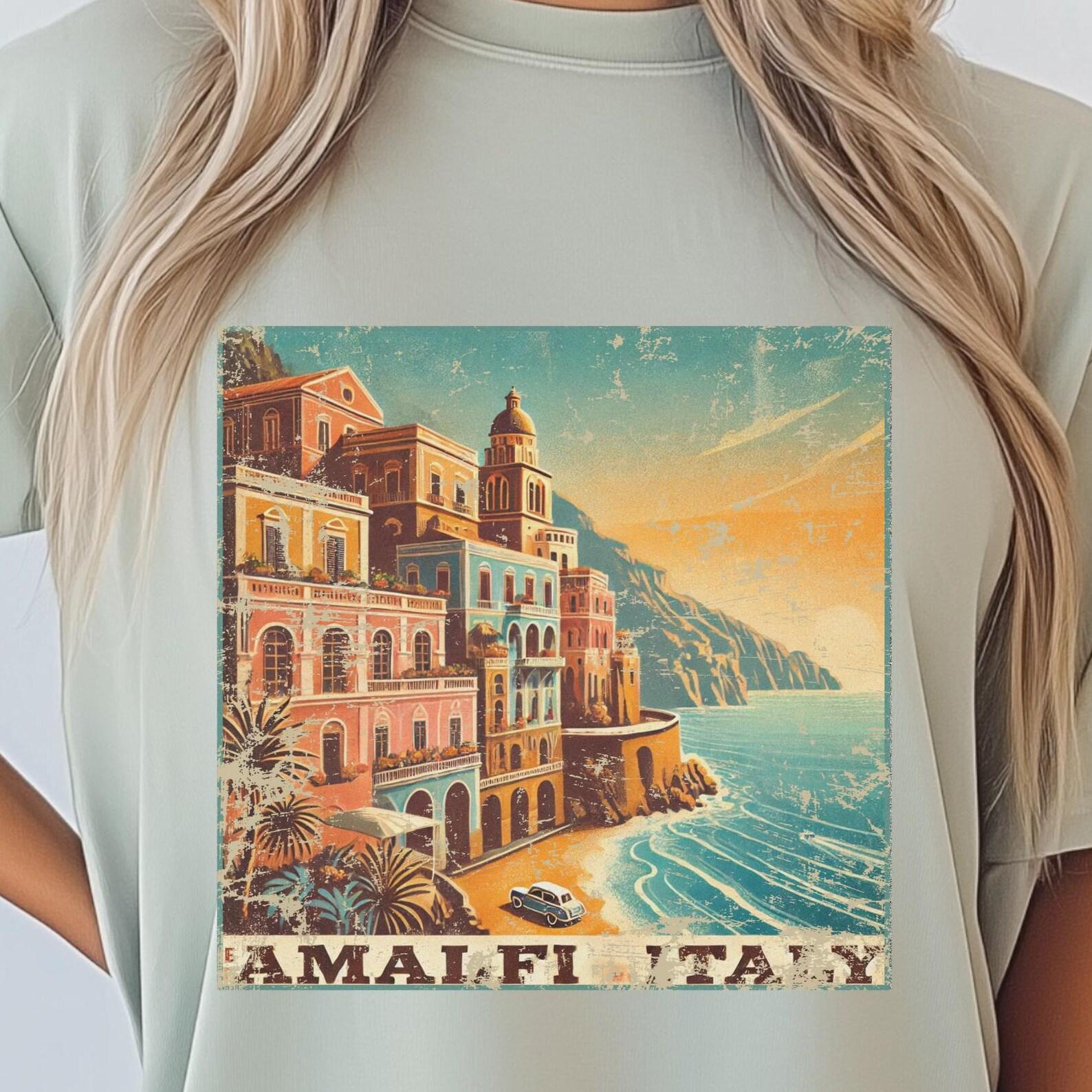 Amalfi Coast Italy Graphic T-Shirt, Vintage Poster Tee, Mediterranean Summer, Cute Italy Travel Shirt, Family Vacation, European Summer 2025 M