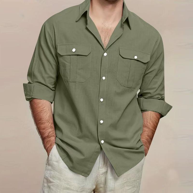 Camicia da uomo a maniche lunghe in cotone con doppia tasca, colori casual