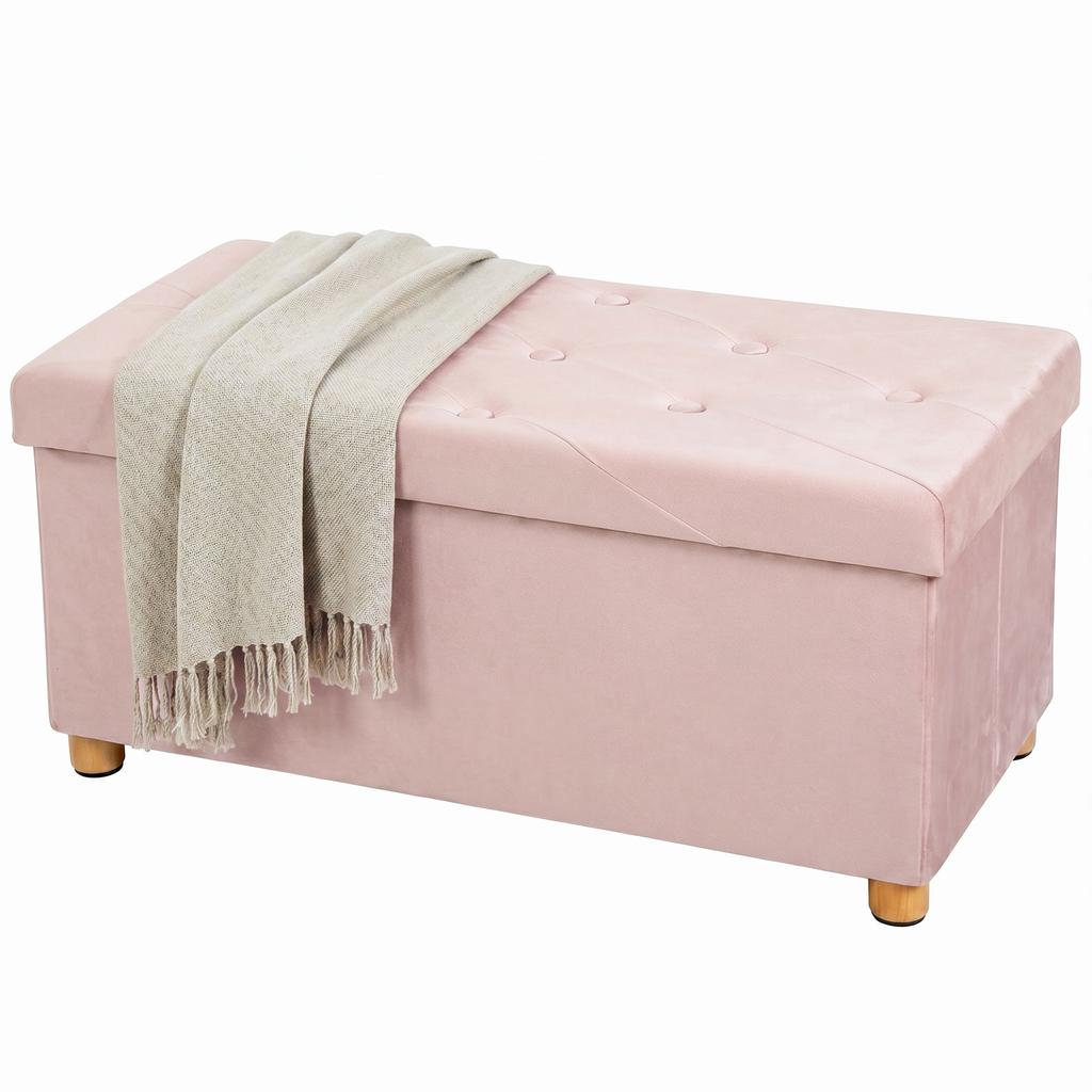 Velvet Upholstered Foldable Ottoman Footrest, Storage Ottoman Bench with Wood Legs for Living Room, Pink