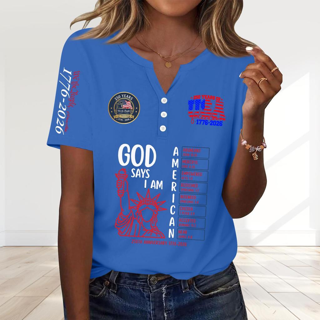 Womens Short Sleeve Henley Neck Printed T Shirt 250th Anniversary Letter Graphic Casual Loose Fit Top for Everyday Wear