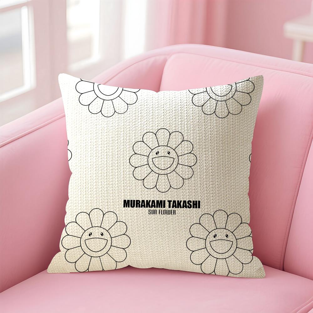 T-Takashi M-Murakami Art Cushion Cover Natural Linen Pillow Case Double-Sided Print Decorative Sofa Pillowcase Home Decor Gift