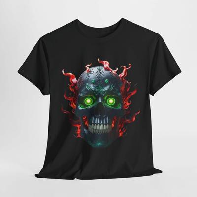 Skull Print T-Shirt, Goth Clothing, Skeleton Graphic Tee, Green Eye Design Shirt
