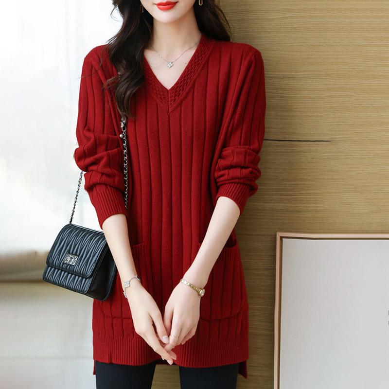 

Свитер для женщин осень зима утолщенный пуловер свитер теплый вязаный свитер длинный рукав V-образный вырез большой размер свитер топы XXXXXL красный