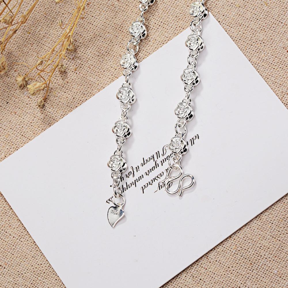 Elegant Silver Bracelet for Women with Rose Flower Design Sterling Silver Jewelry Gift