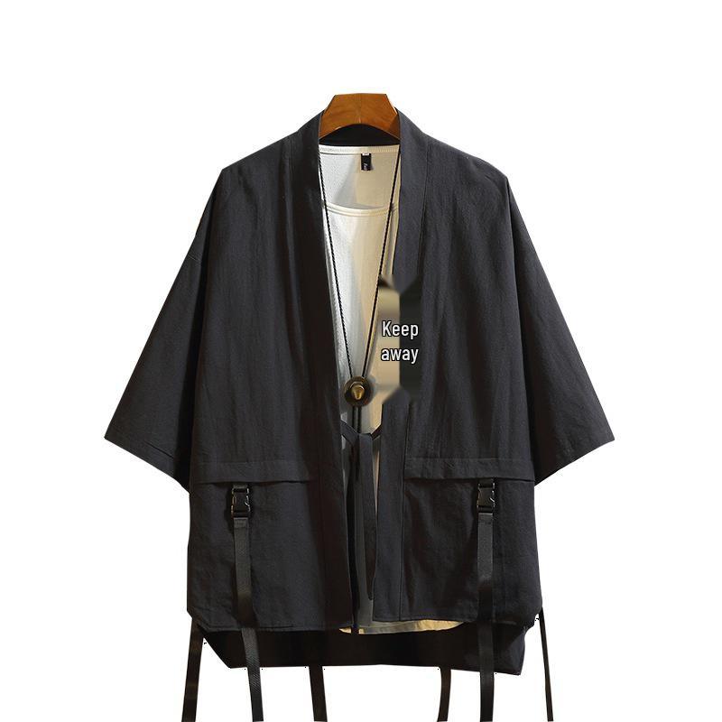 Men's Japanese-Style Hip-Hop Taoist Robe: Summer Embroidered 3/4 Sleeve Loose-Fit Shirt