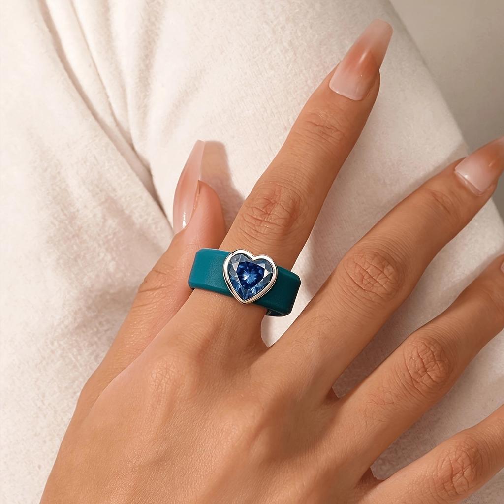 Blue Silicone Ring Heart Blue CZ, Soft Stretchable Band, Hypoallergenic Waterproof Sweatproof Jewelry for Women Daily Use