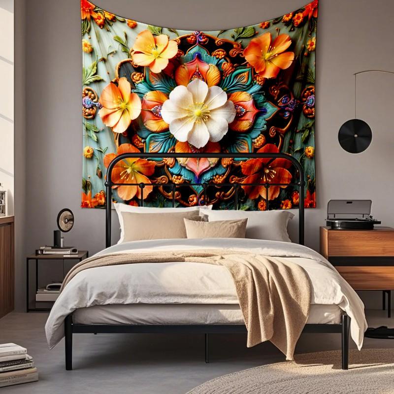 Boho Chic Wall Tapestry With Moon Phase Floral Starry Sky Design Bedroom Yoga Studio Decor