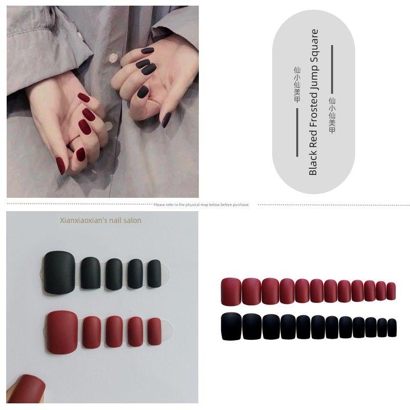 

Colorful European and American-Style Square Matte Fake Nail Tip Wear 90-Black Red Frosted Jump