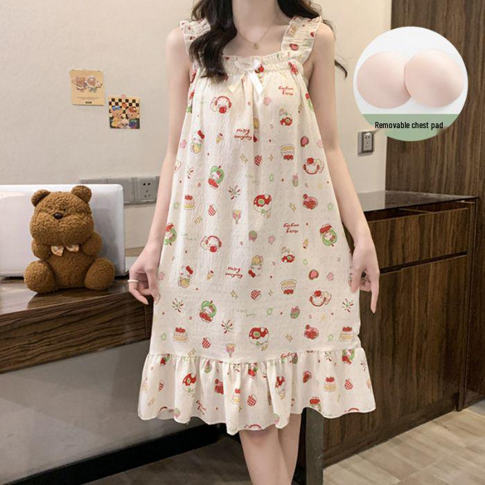 Damen Sommer Süßes Bubble Baumwoll Nachthemd mit Brustpolster Spaghettiträgern - Leichte, Stilvolle Homewear für Drinnen und Draußen