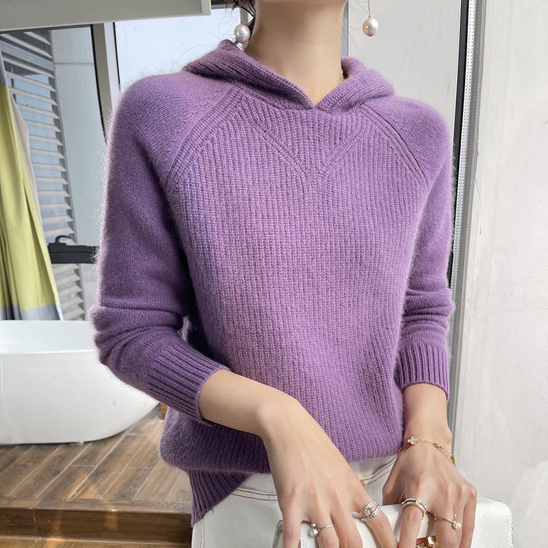 Women's Pure Wool Hooded Knit Sweater with Raglan Sleeves for Autumn and Winter