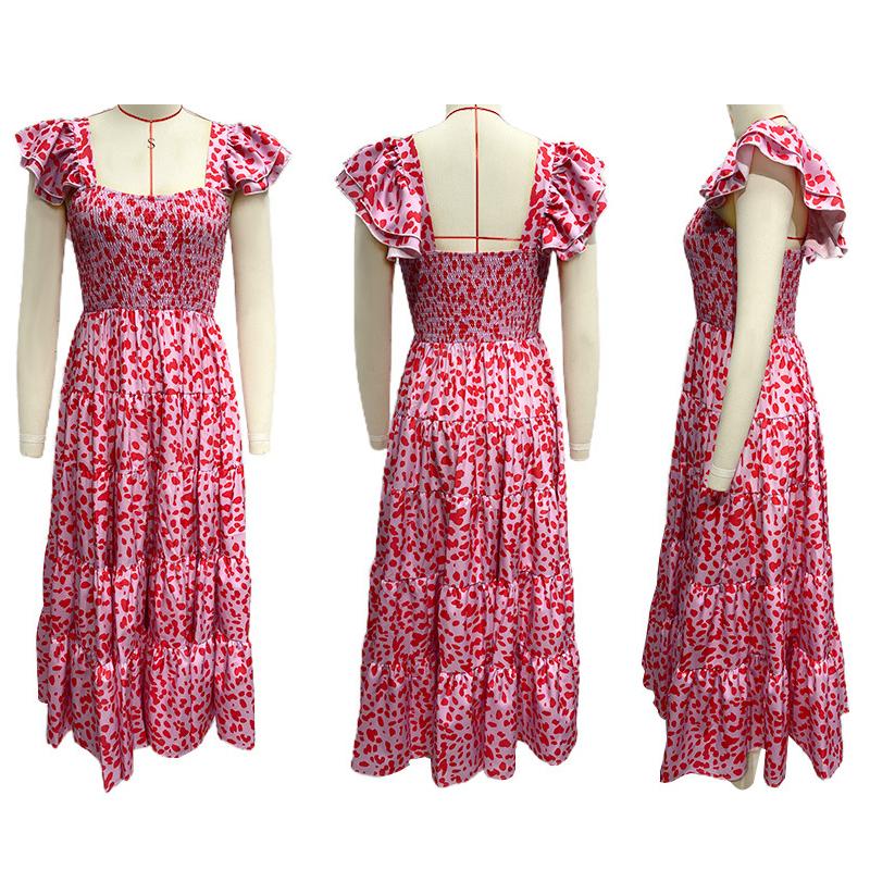 שמלת קיץ ארוכה לנשים מודפסת אמצע השוק קצר שרוולים מרובע צווארון שמלת קיץ