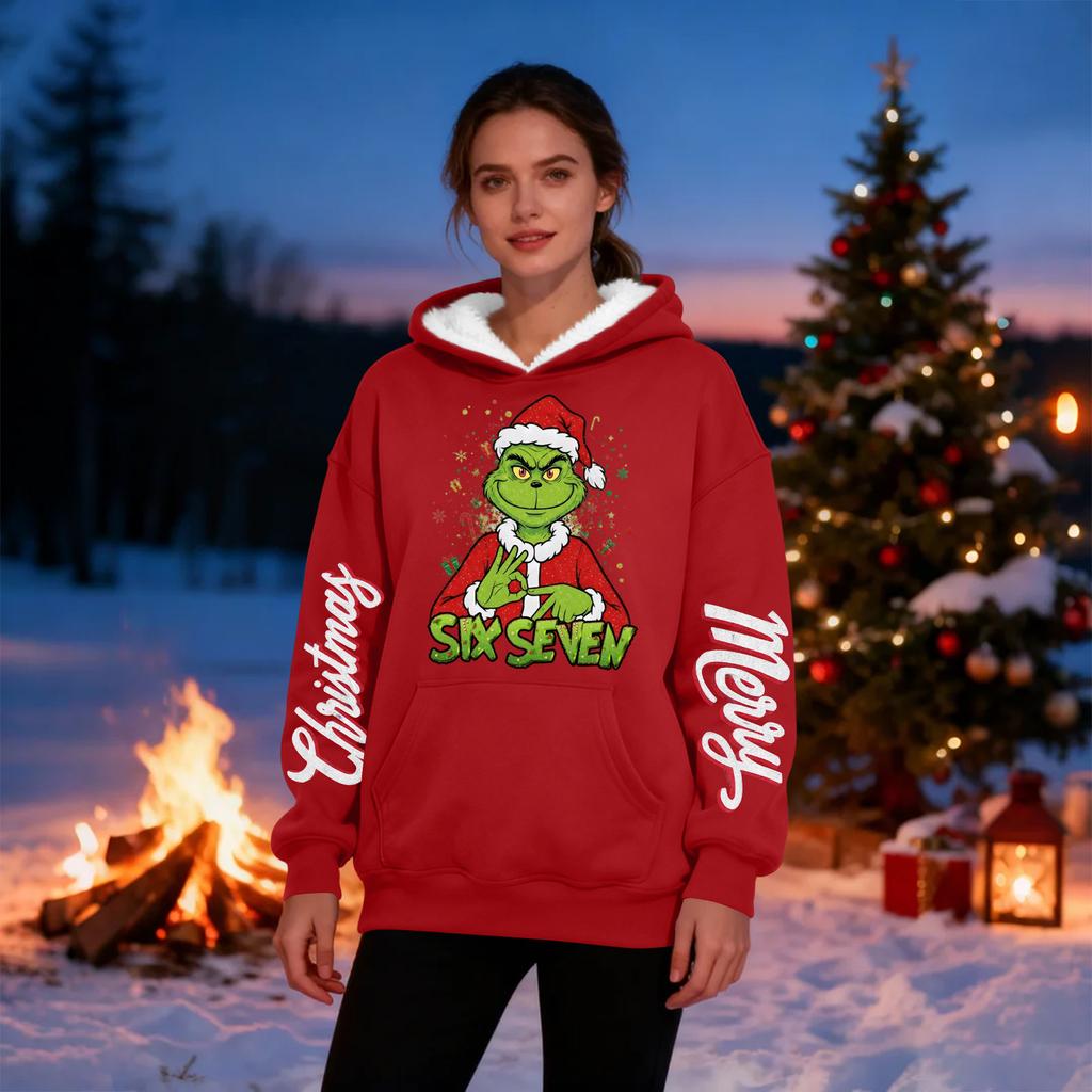 Women's Casual Fashion Plus Velvet Thickened Christmas Print Hooded Sweatshirt