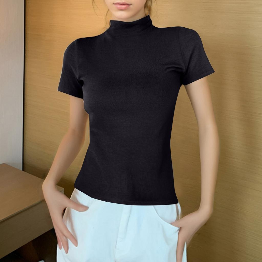 Women's Semi-high Neck With A Slim Short Sleeved Shoulder T-shirt Top