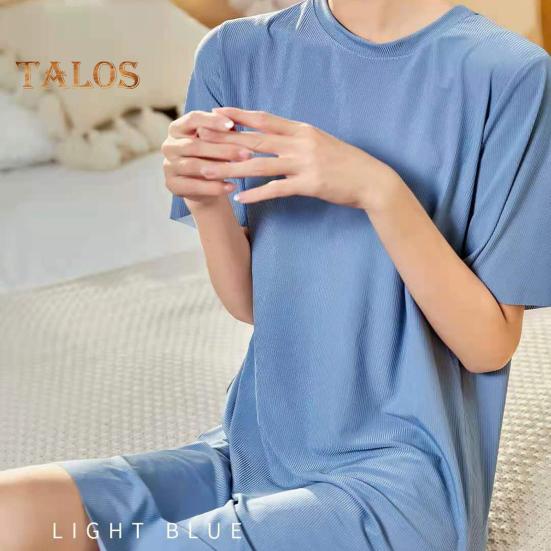 Damen Sommerkleid Rundhalsausschnitt Locker Einfarbig Kurze Ärmel Eisseide Freizeitkleidung Homewear Pyjama Knielanges Nachthemd