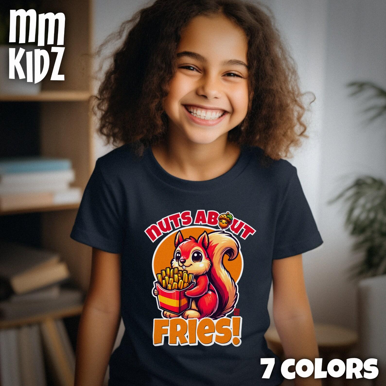 Nuts About Fries Kids Graphic Tee | Adorable Squirrel Cartoon T-Shirt | Kids Fun Fries-Themed Tee | Colorful Playful Shirt for Children 100