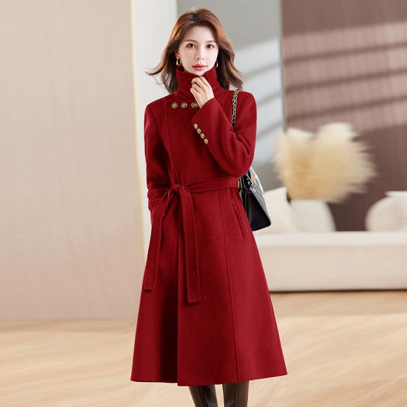 

Пальто двустороннее класса люкс, женское, весенне-осеннее, новая модная удлиненная шерстяная куртка, тренд M бордовый