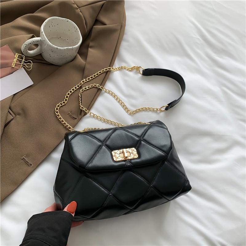 Stylish Pu Leather Quilted Chain Crossbody Bag For Women Trendy Shoulder Handbag чёрный
