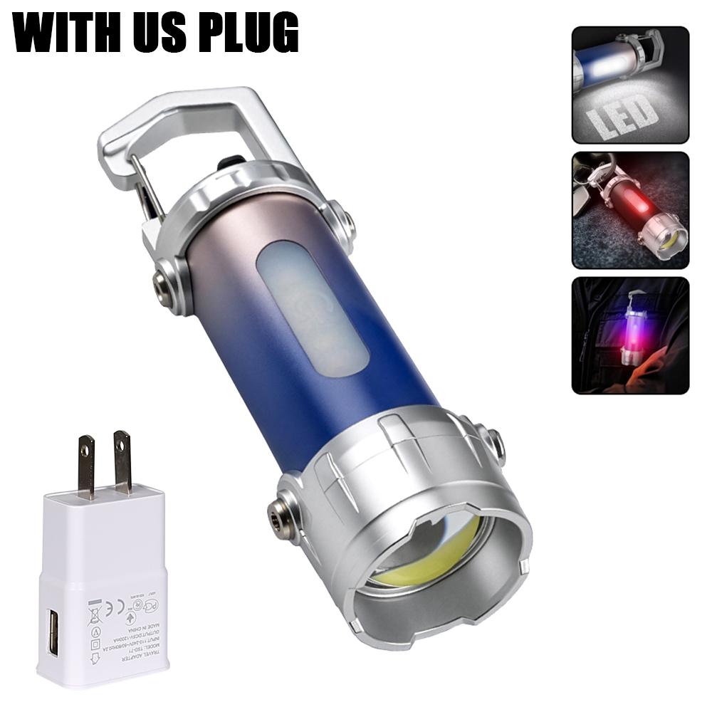 Mini LED COB Flashlight USB Rechargeable Torch with Hook Outdoor Emergency Working Lantern with Red Blue Light Keychain Light